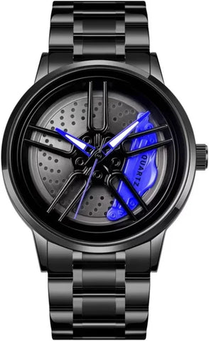 Tencel 3D Rotating Spinning Watch Quartz Men Rim Car Blue Wheel Watches Analog Watch - For Men Blue Wheel Watch